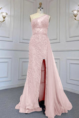 Elegant Beadings One Shoulder Tulle Evening Dress With Slit Rhinestone