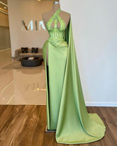 Elegant Sleeveless Apple Green Sequins Beads Split Evening Dress With Long Ruffle