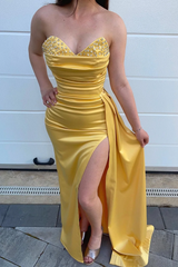 Yellow Beads Mermaid Sweetheart Evening Dress Split With Ruffles
