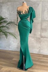Green Long Sleeves Mermaid Side Split Formal Dress With Appliques