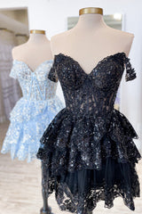 Sparkly Grey A-Line Tiered Lace Short Homecoming Dress/Mini Dress