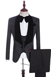 Xander Black Jacquard Shawl Lapel Three-Piece Wedding Suits for Men