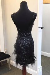 Sparkly Black Sequin V-Neck Backless Tight Short Homecoming Dress/Mini Dress with Feathers