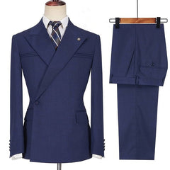 Fashion Dark Navy Peaked Lapel with Ruffles Homecoming Prom Suits