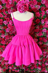 Fuchsia Spaghetti Straps Lace-Up Back A-Line Short Satin Homecoming Dress/Mini Dress