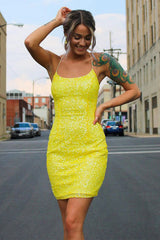 Sparkly Pink Tight Yellow Sequins Homecoming Dress/Mini Dress