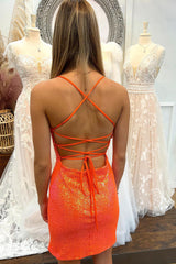 Sparkly Orange Sequined Tight Short Homecoming Dress/Mini Dress with Slit