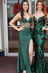 Long Black Corset Prom Dress with Mermaid Silhouette and Spaghetti Straps Featuring a Slit