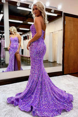 Long Mermaid Prom Dress with Sparkly Purple Sequins and Slit