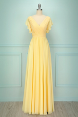 Chiffon V Neck Sleeveless Long Formal Dress With Pleated Ruffle