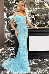 Light Blue Sequined Mermaid Prom Dress with Feathers and Off-Shoulder Design