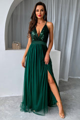 Sequin Party Dress with Green V-neck