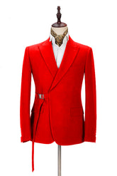 Popular Slim Fit Bright Red Buckle Button Summer Wedding Suit with Peak Lapel
