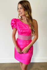 Sparkly Fuchsia Beaded One Shoulder Tight Short Homecoming Dress/Mini Dress