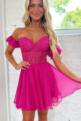 Sparkly Fuchsia Lace-Up Back A-Line Short Homecoming Dress/Mini Dress with Lace