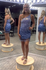 Sparkly Blue Sequined One Shoulder Tight Short Homecoming Dress/Mini Dress with Fringes