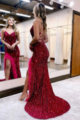 Long Black Sequined Prom Dress with Front Split and Spaghetti Strap Sheath
