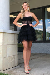 Glitter Black Corset Tiered A-Line Tulle Short Homecoming Dress/Mini Dress