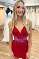 Sparkly Red Sequined Open Back Tight Short Homecoming Dress/Mini Dress