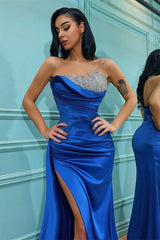 Royal Blue Strapless Sleeveless Mermaid Split Evening Dress With Beadings