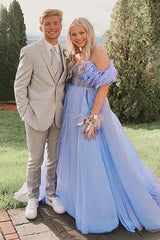 Blue Long Prom Dress with Feather in Off-the-Shoulder A-Line Style