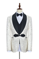 Stylish Knitted Button Black Shawl Lapel White Jacquard Three-Piece Wedding Tuxedo for Men