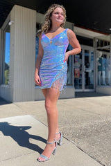 Sparkly Blue Sequins Tight Short Homecoming Dress/Mini Dress with Fringes