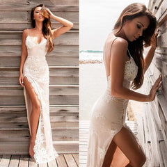 Spaghetti-Strap Lace Evening Dress With Slit