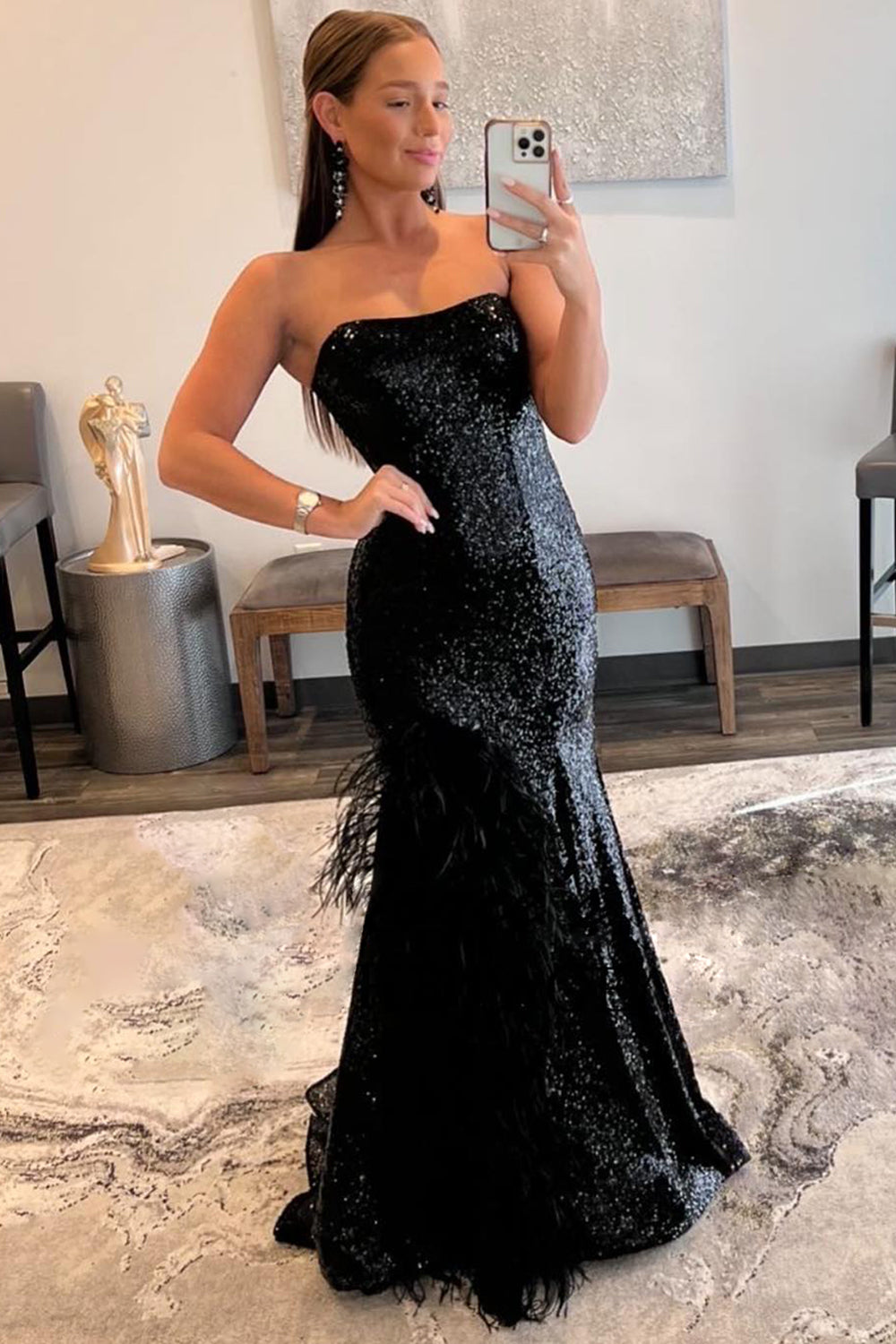 Black Sequined Mermaid Prom Dress with Feathers Strapless Long Gown