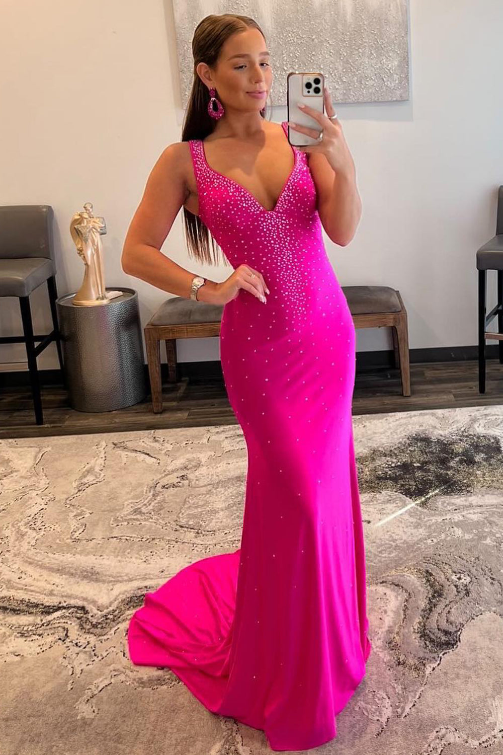 Hot Pink Long Mermaid Prom Dress with Beading and V Neck