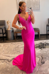 Hot Pink Long Mermaid Prom Dress with Beading and V Neck