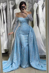 Long Sleeves Blue Beads Off-The-Shoulder Sweetheart Evening Dress With Long Ruffles Sequins
