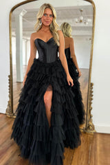 Elegant Black A-Line Prom Corset Dress Featuring Sweetheart Neckline and Ruffled Slit