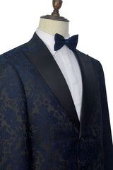 Black Silk Peak Lapel Men's Suits Dark Navy Jacquard Prom Suits for Weddings