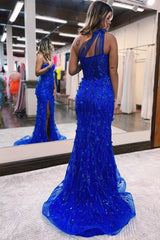 Klein blue One Shoulder Mermaid Split Formal Dress With Flower Appliques