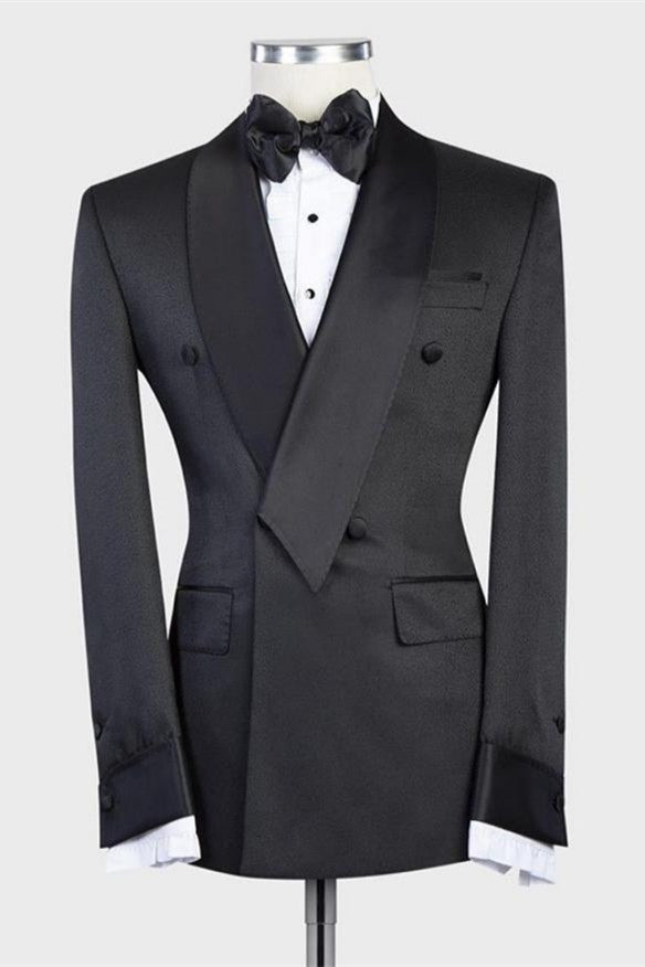 Isaias Stylish Black Double-Breasted Wedding Men's Suit with Shawl Lapel