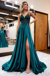 Prom Dress in Dark Green Satin with A-Line Silhouette and Appliques Featuring a Slit
