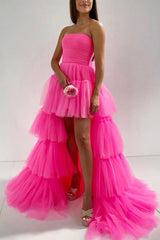 Elegant Fuchsia Prom Dress with High Low Hem and Ruffled Strapless Design