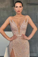 V-Neck Sequins Sleeveless Evening Dress Mermaid With Split