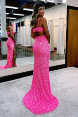 Mermaid Prom Dress with Hollow-Out Design in Hot Pink Sequins