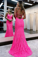 Long Hot Pink Sequined Prom Dress with a Sparkly Mermaid Backless Design
