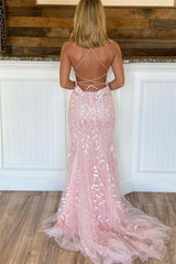 Tulle Mermaid Formal Dress Spaghetti Strap Open Back With Appliques