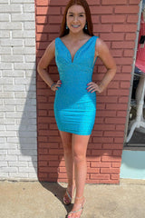 Sparkly Coral Beaded V-Neck Backless Tight Short Homecoming Dress/Mini Dress