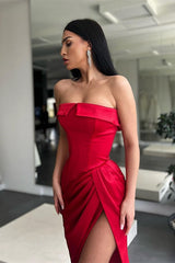 Red Strapless Mermaid Charmeuse Evening Dress Split