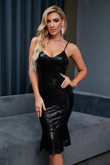 Sheath Spaghetti Straps Black Sequins Party Dress