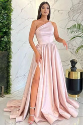 Modest Light Pink One Shoulder Sleeveless Evening Dress With Split