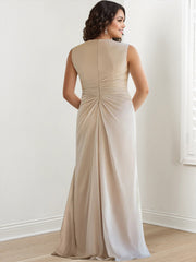 V-Neck Sleeveless Plus Size Mother of the Bride Sheath Dress with Floor-Length Ruffles & Wraps