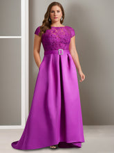 Plus Size Asymmetrical A-Line Princess Scoop Neck Mother of the Bride Dress with Appliques and Short Sleeves