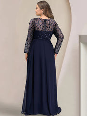 Plus Size Floor-Length Mother of the Bride A-Line Dress with Scoop Neck Long Sleeves Side Split Ruffles & Sequins