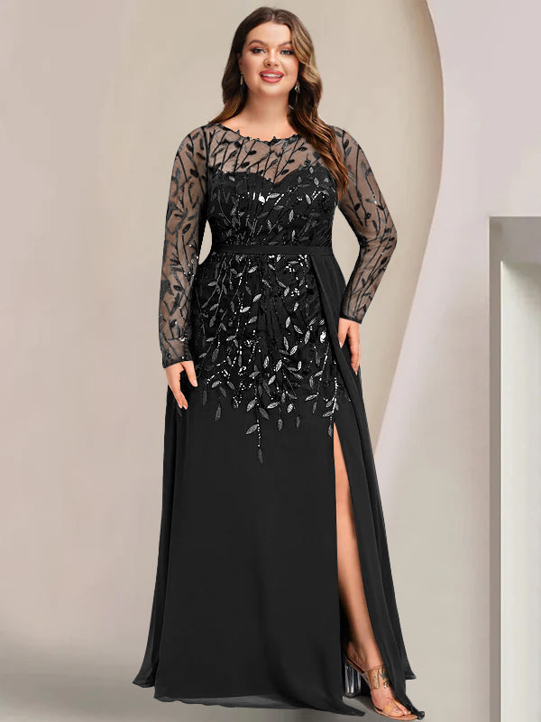 Plus Size Floor-Length Mother of the Bride A-Line Dress with Scoop Neck Long Sleeves Side Split Ruffles & Sequins